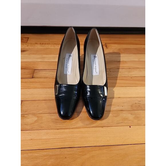 Etienne Aigner Patent Leather Black Block Heels Buckle Size 6M Almond Toe - Picture 2 of 6